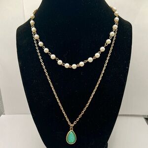 Double Layer Gold Tone Necklace Faux Pearl Chain & Opalescent Teardrop Pendant